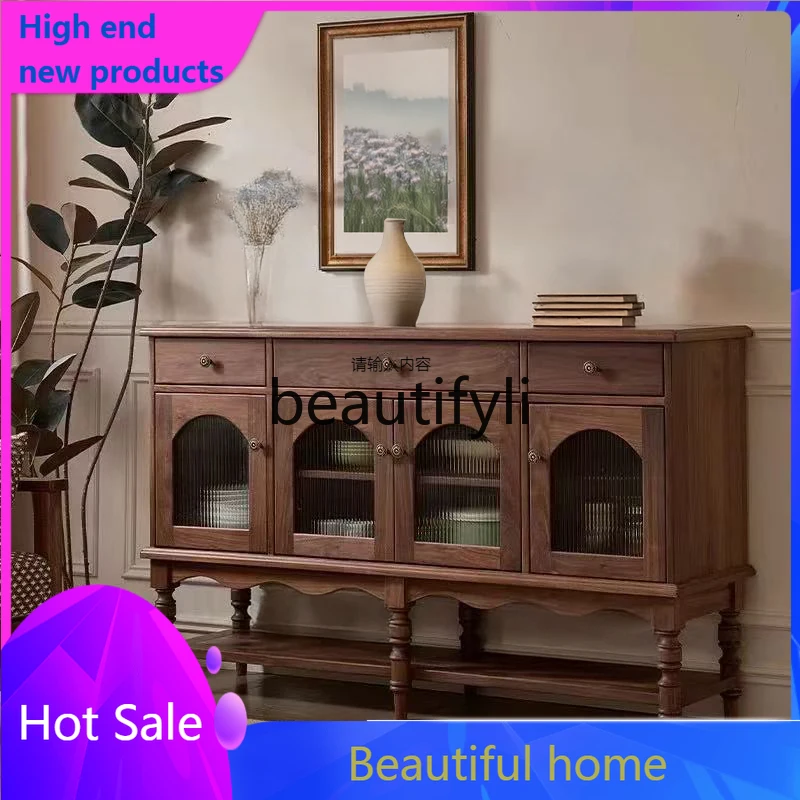 

French Vintage Solid Wood Sideboard Tea Cabinet Living Room Walnut Wood Entryway Decorative Cabinet Dining Room
