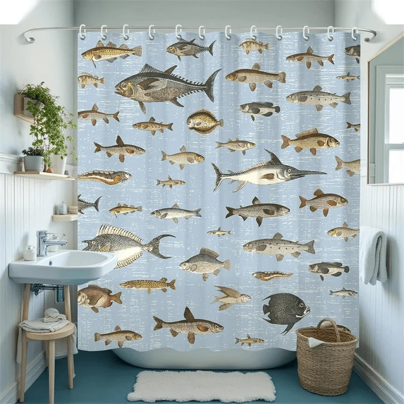 2D Flat, 1pc Vintage Ocean Illustration Style Shower Curtain, Multiple Sizes Available, School of Fish Roaming Design, Hook-styl
