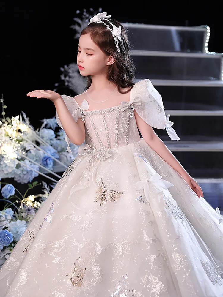 Luxury Girls Bow Puff Sleeve Princess Dress Shiny Piano Performance Ball Gown Pearl Beadings Sequins Kids Children Formal Dress