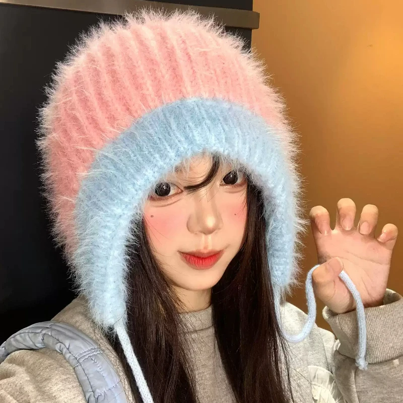 Women Color Block Fuzzy Plush Earflap Beanies Two‑Tone Contrast Knit Hat Drawstring Design Soft Winter Warm Outdoor Skull Cap