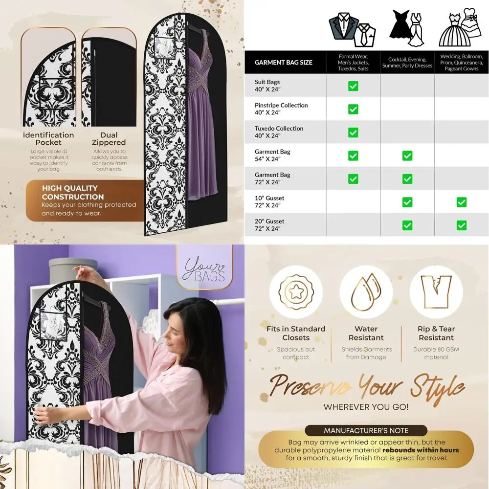 

Hanging Garment Bags 54x24 for Dresses, Prom, Bridesmaid, Cocktail, Evening Gowns - Clear ID Window, Lightweight Travel Cover fo