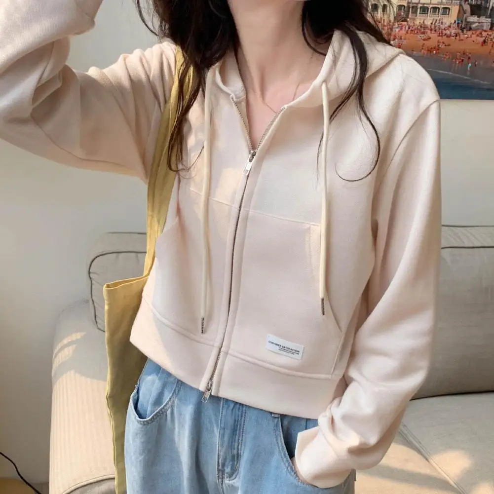 

Women Coat Long Sleeves Pockets Zip-up Women Sweatshirts Elastic Cuff Hem Short Type Sport Hoodie Casual Daily Wear Jacket