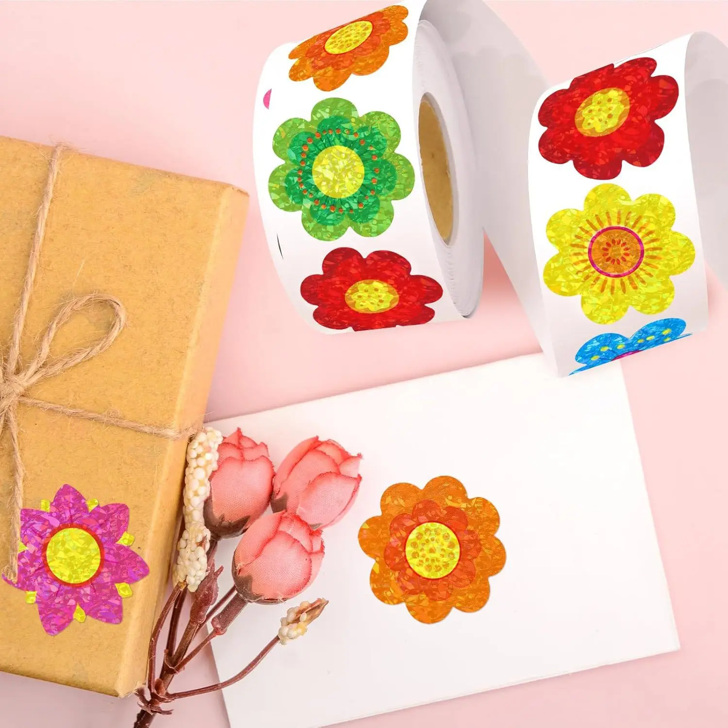 500Pcs/Roll 2.5cm Flower Shaped Holographic Stickers - Gift Box Seals & Decorative Adhesive Labels image 3