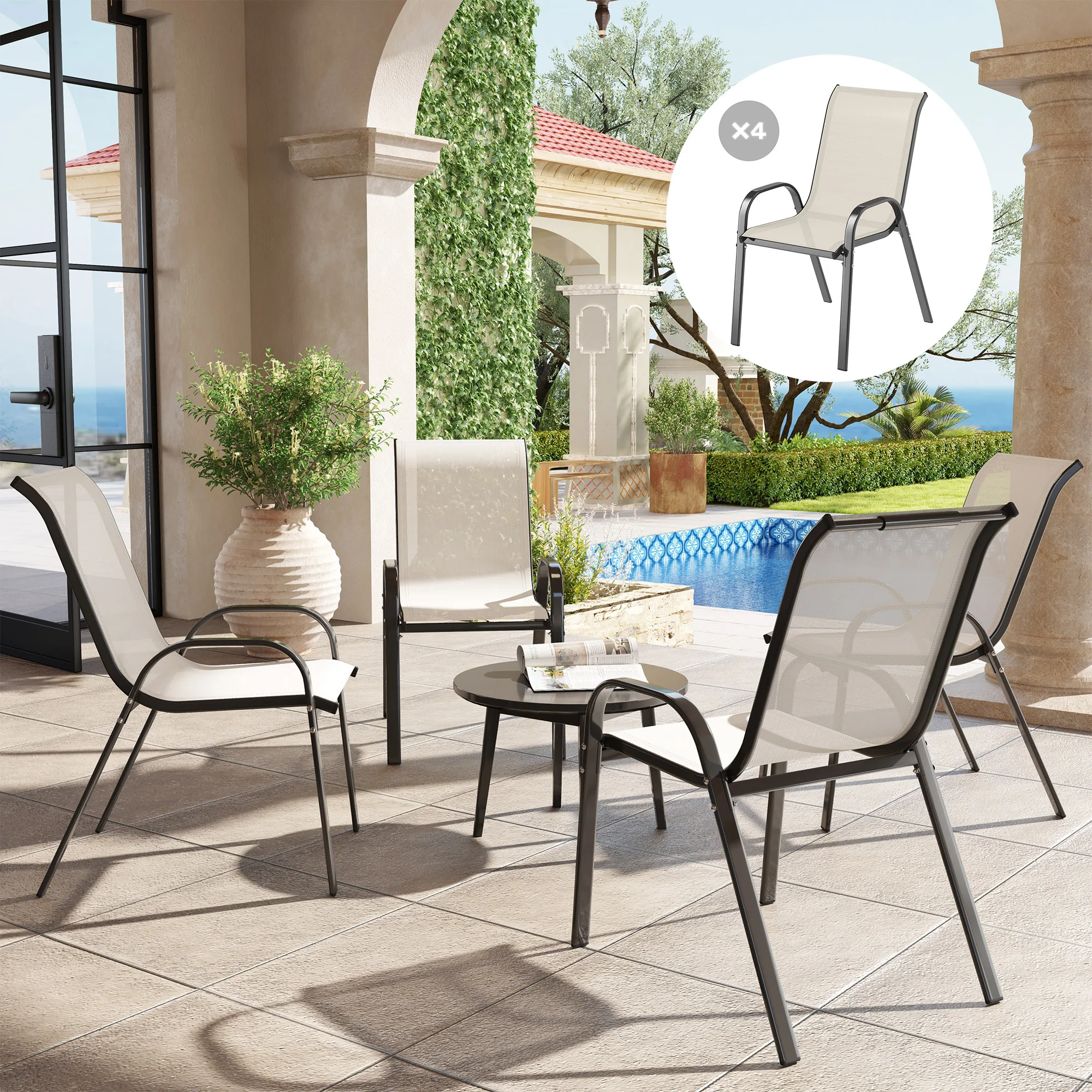 Set of 4 Patio Dining Chairs, Stackable Outdoor Chairs, Beige