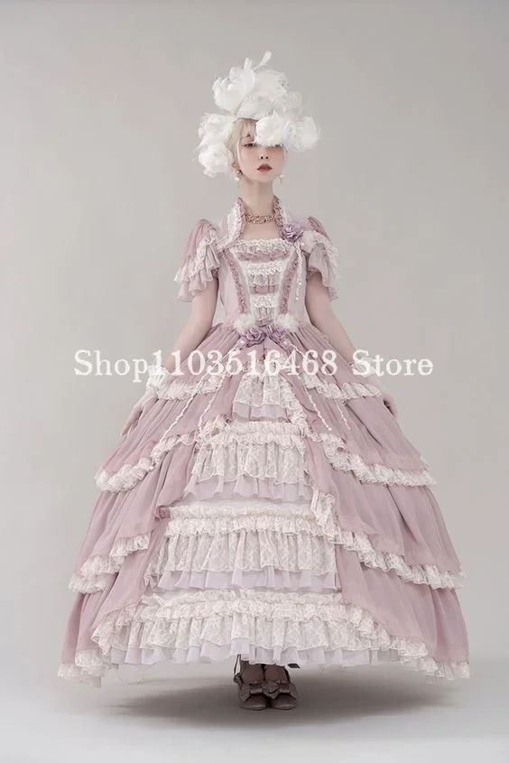 Fantasy Lolita Prom Dress Peach Pink Victorian Corset Tie Lace Ruffle Cake Dress with Shawl Masquerade Halloween فساتين سهرات