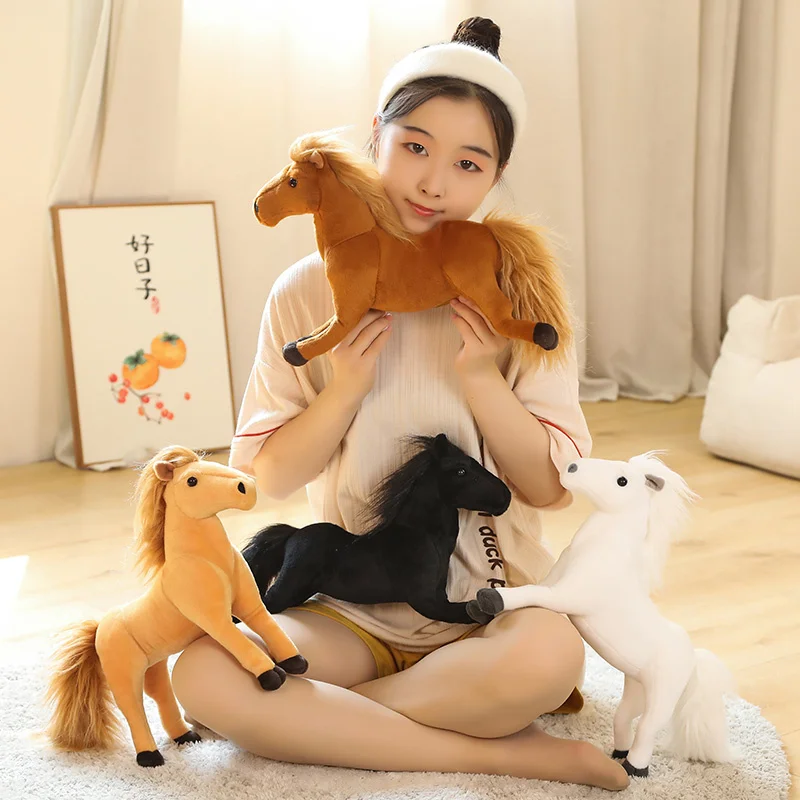 32X28CM New Horses Plush Toy Stuffed Soft Animal Dolls Real Life Mustang Pillow for Children Kids Creative Birthday Decor Gifts