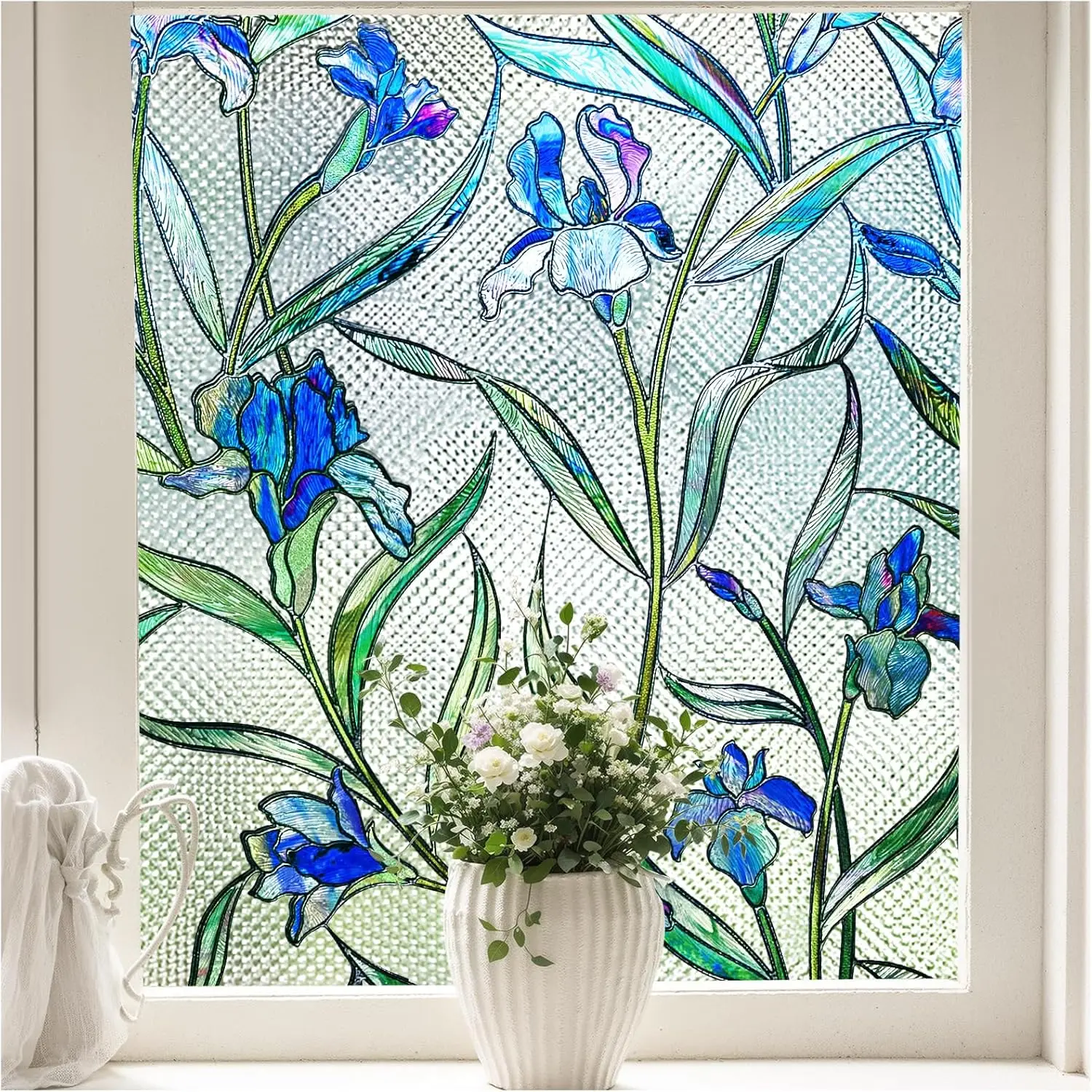 

Stained Glass Window Film, 3D Floral Privacy Cling, UV & Heat Blocking, Reusable, Blue, 23.6"x118"