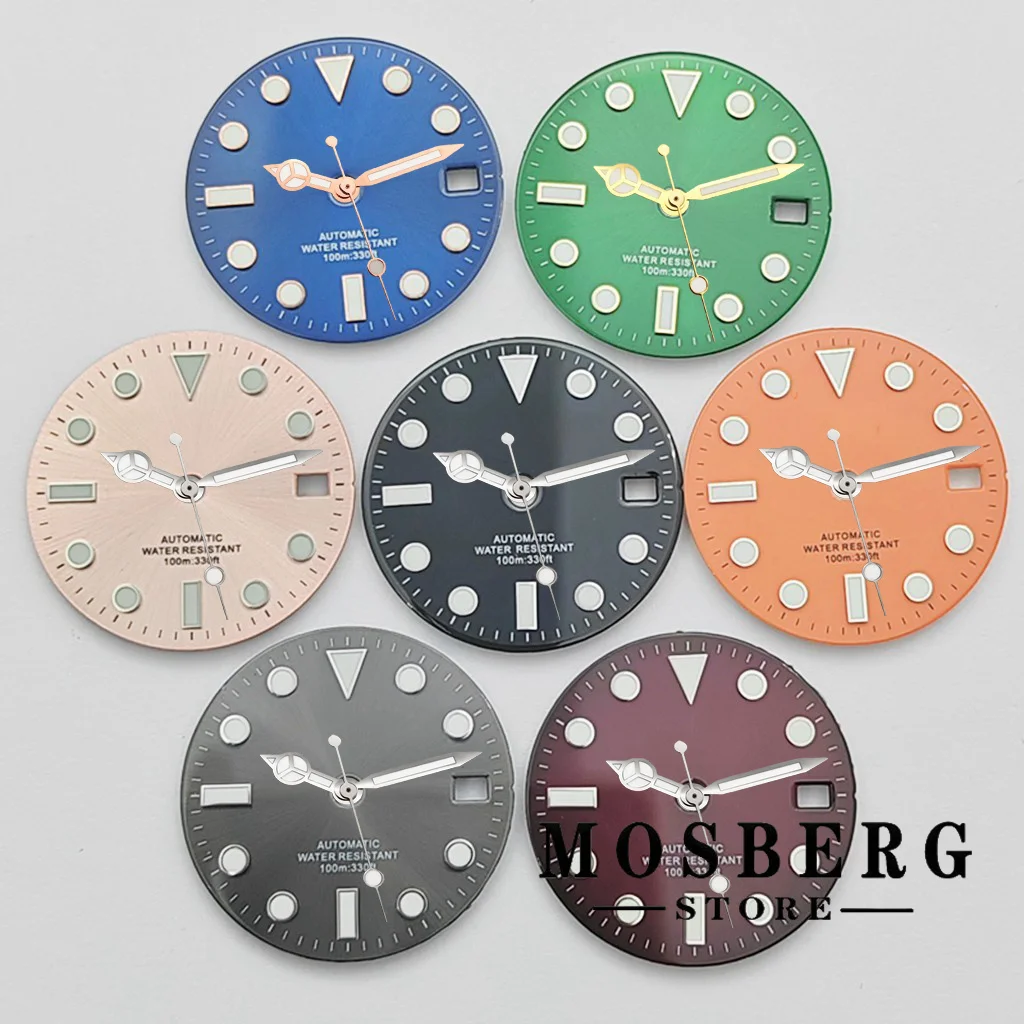 

Циферблат часов NH35 28,5 мм со стрелками, стерильный голубой светящийся для NH35 NH35a, автоматический механизм