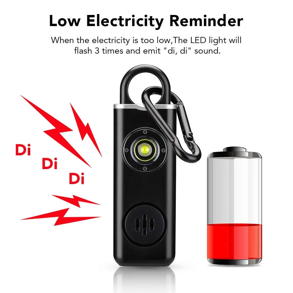 Rechargeable personal safety alarm low battery reminder