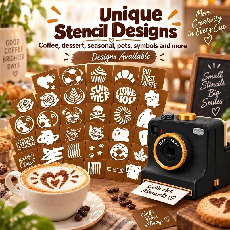 3D Printed Funny Coffee Latte Camera Replaceable Cards One Touch Press DIY Latte Art Camera Tool Vintage Look Included Stencils/