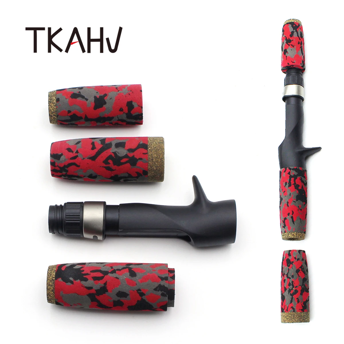 

TKAHV Red EVA Camouflage Split Grip Fishing Rod Handle with Reel Seat Baitcasting Pole Building Repair DIY Replacement Tackle