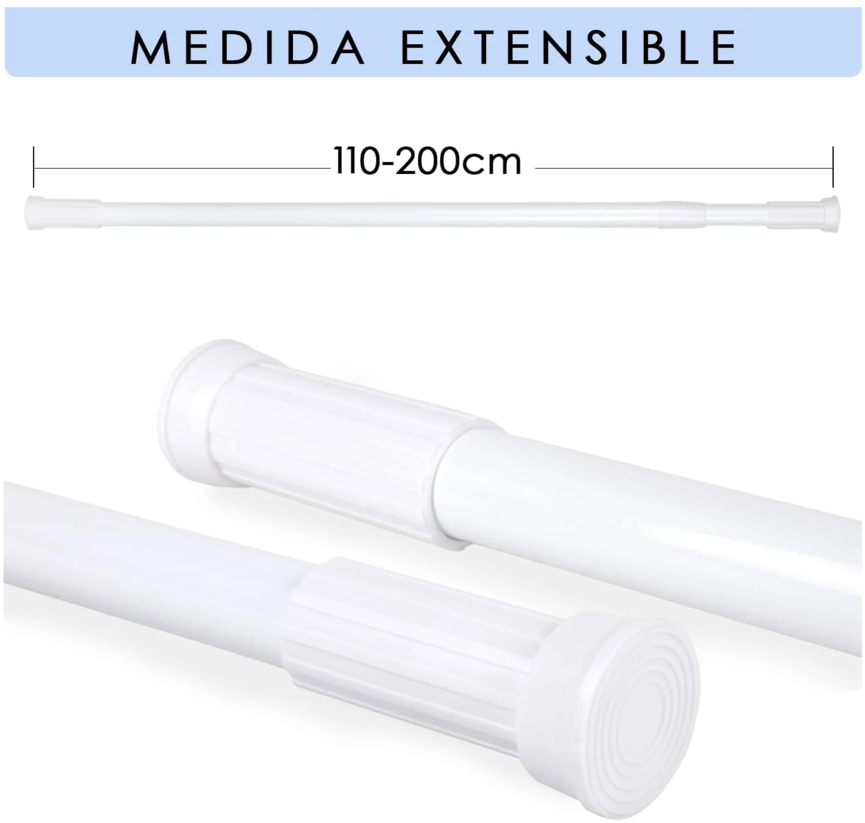 Adjustable and extendable aluminum bar for shower curtains, cabinets and kitchen without drill or screws for easy assembly. Telescopic tension bar. Available in various sizes 70-110cm , 110-220cm, 140-260cm in white and silver