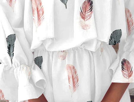 Mulheres sem alças slash neck pena impressão vestido de cintura alta babados sexy mini vestido