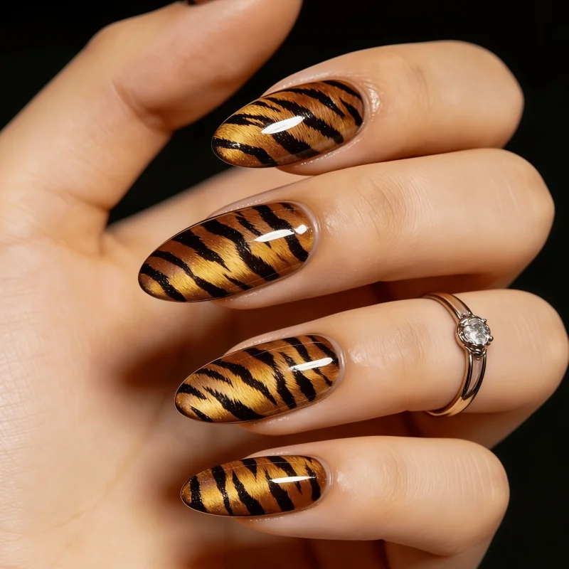 24 pieces of high-end retro black and gold tiger-pattern long almond-shaped nail art for fall and winter