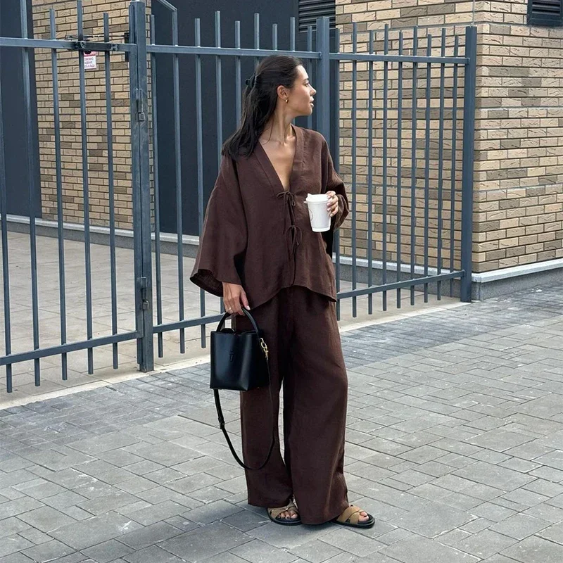 Elegant V Neck Full Sleeves Wide Leg Trousers Set Summer Lady Street Wear Brown Cotton Linen Lace Up Shirt Pants Suits Women