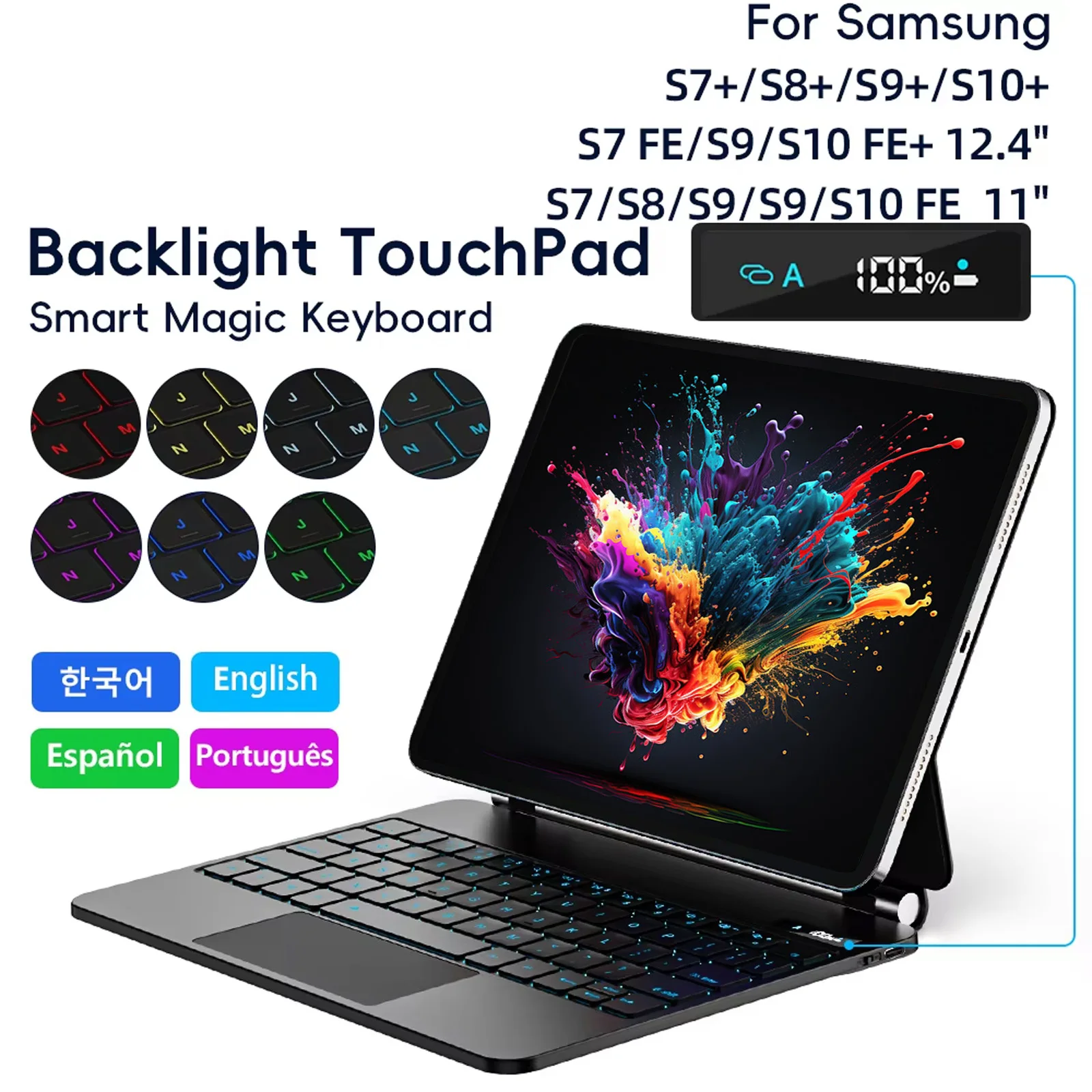 

Волшебная клавиатура для Samsung Galaxy Tab S7 Plus S8 S9 + FE 11, 12,4-дюймовый трекпад с подсветкой, плавающий, регулируемый угол, с держателем ручки