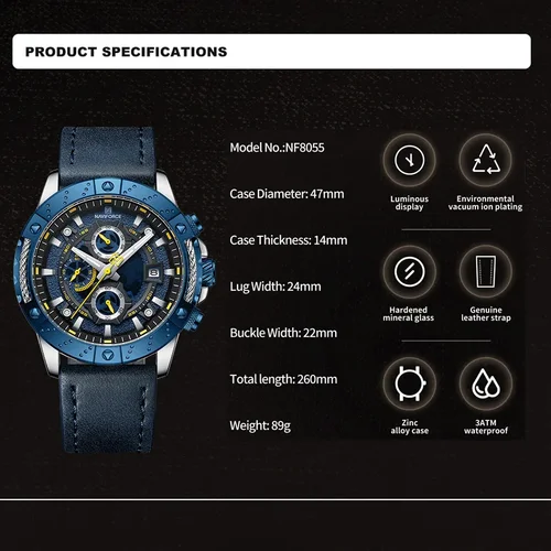 Imagen 2 del producto NAVIFORCE Reloj de marca Original para Hombre, cronógrafo multifunción de alta calidad, relojes de pulsera deportivos de cuero para negocios, Reloj para Hombre
