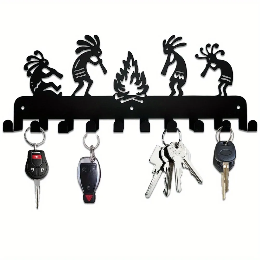 Kokopelli Key Hook Wall Decor - 10 Rust-resistant Stainless Steel Hooks - Fashionable Metal Resin Design for Keys