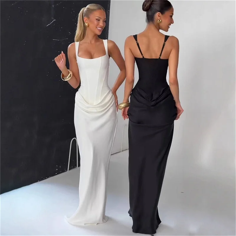 

Elegant Pleated Square Collar Women Slim Fit Evening Dress Waisted Wide Strap Party Skirt New Fashion Pure Color Long Robes