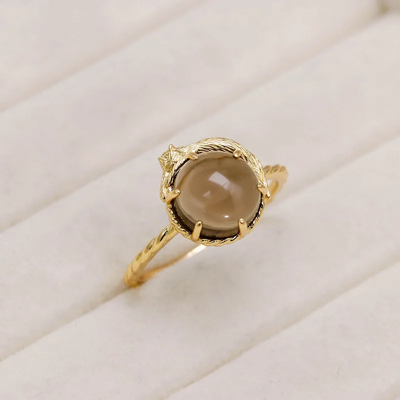 LAMOON Natural Smoky Quartz Gemstone Ring For Women 925 Sterling Silver Gold Vermeil Fine Jewelry Gift Vintage Cute Cat Ring