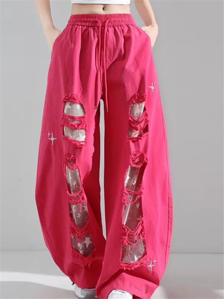 Black White Fuchsia Yellow Hip Pop Dance Pants Lace Splicing Holes High Waist Wide-leg Casual Pants Y2k Loose Flat Trousers