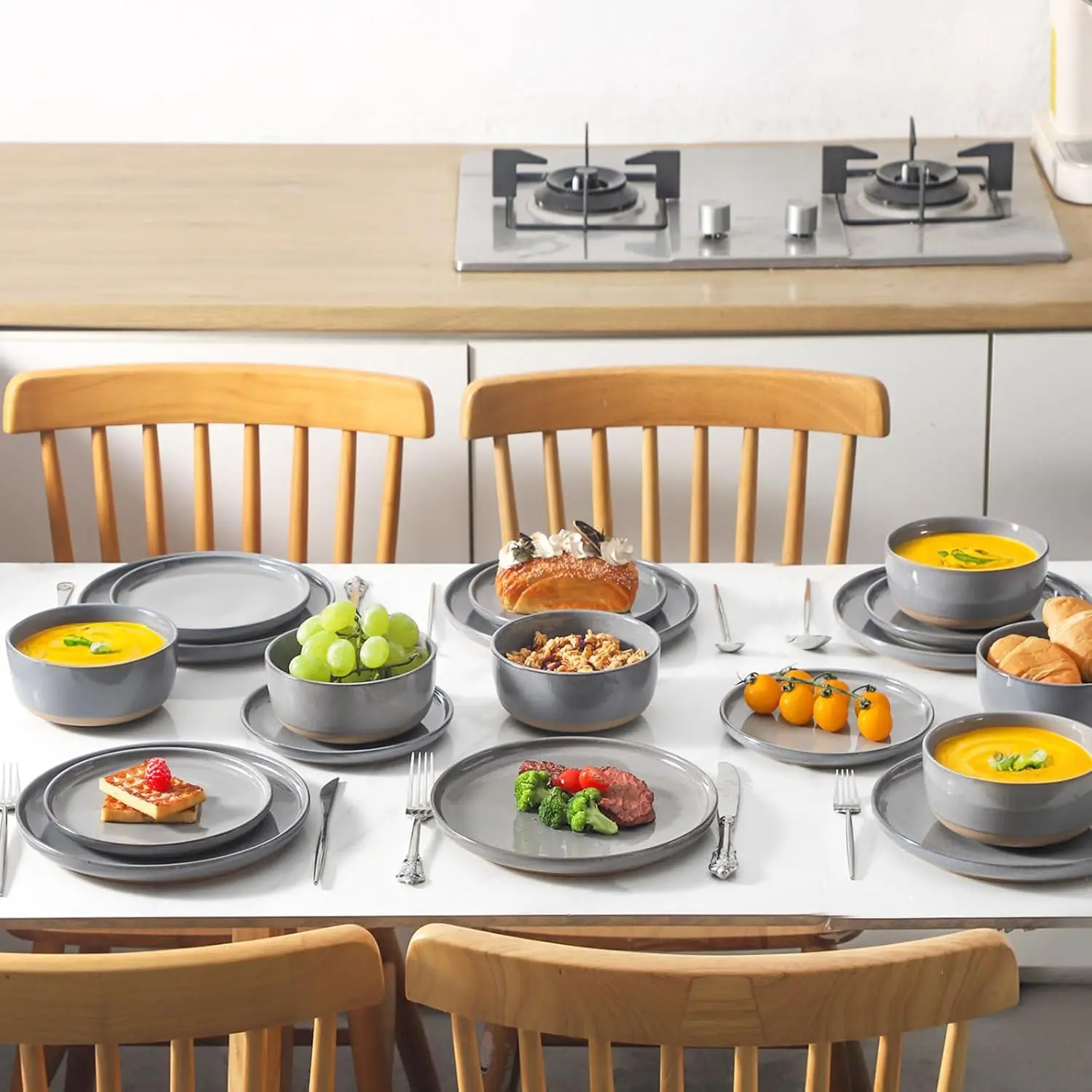 Juegos de platos y cuencos de gres de 18 piezas, juegos de vajilla de porcelana para 6, juegos de platos de cerámica con patrón moteado, rasguño R