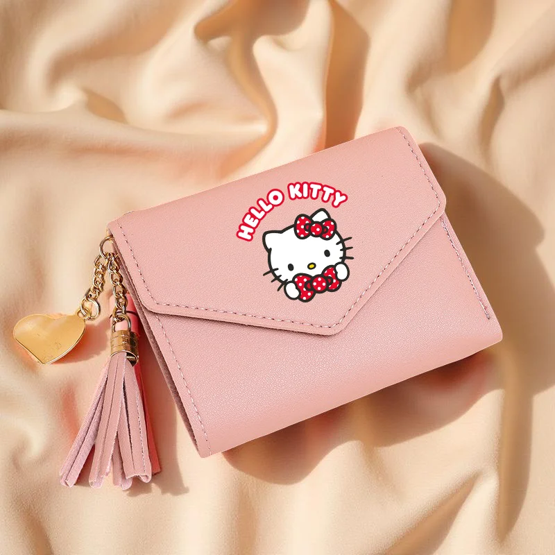 헬로 키티의 귀여운 태슬 장식 지갑 인조 가죽 다기능 지갑, 만화 짧은 지갑 동전 지갑 플랩 카드 케이스