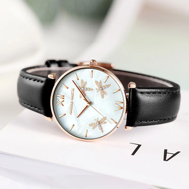 2021 New Design Japan Akoya Pearl Shell Dragonfly Ladies Luxury Diamonds Scallop Stainless Steel Watches For Women Drop Shipping