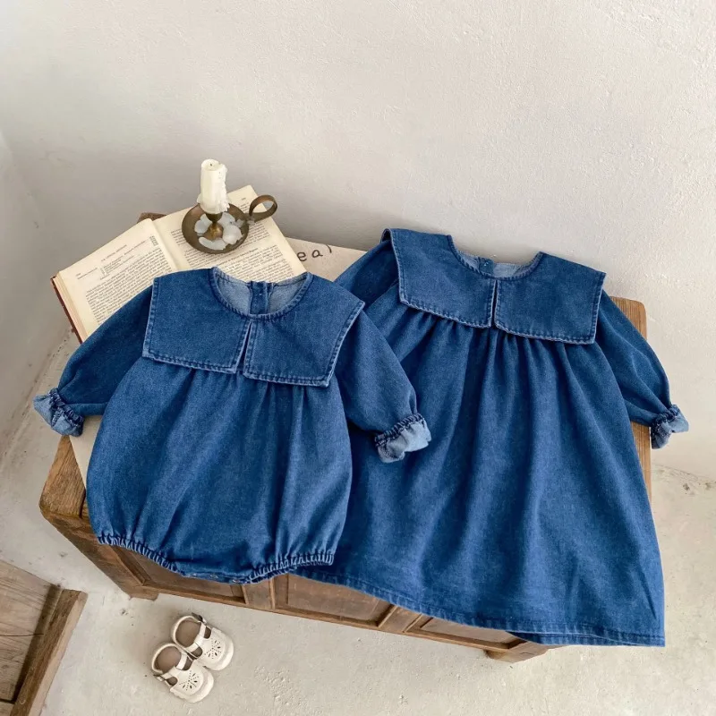 Autumn Baby Girls Family Sisters Clothes Large Lapel Long Sleeve Bodysuit Blue Denim A-line Dress One-Pieces Outerwear H22373