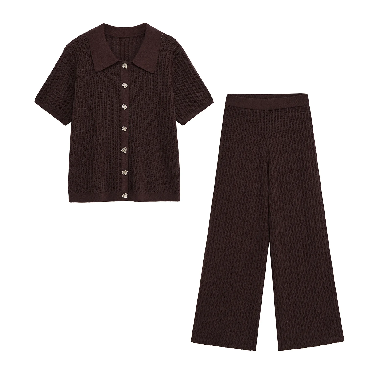 Maxdutti French Retro Coffee Color Knitted Hollow Round Neck T-shirt Casual Pants Suit Minimalist Elegant Texture Two-piece Set