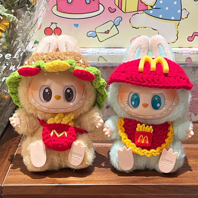 

For 17cm Labubu mcdonalds Clothing Set Cute Burger Woven Hamburger outfit 3.0 Labubu Clothes Hat Crossbody Bag Doll Accessories