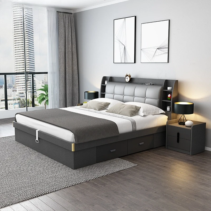 Pneumatic high box storage bed household master bedroom small apartment storage plate double bed