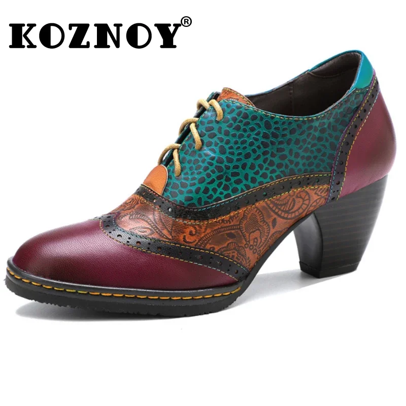 

Koznoy 7cm Print Ethnic Embossed Chunky Heel British Genuine Leather Summer Autumn Women Big Size Preppy Style Mixed Color Shoes