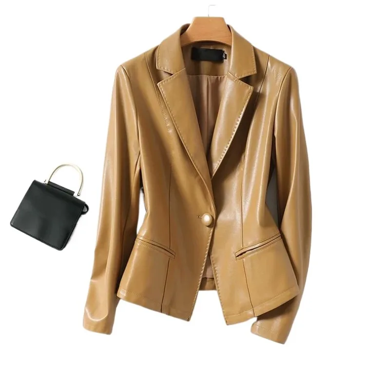 Women's Spring Autumn Jacket Tops Leather Jacket Suit Collar Short Single Button Pocket Fashion Premium Design Leisure Simple