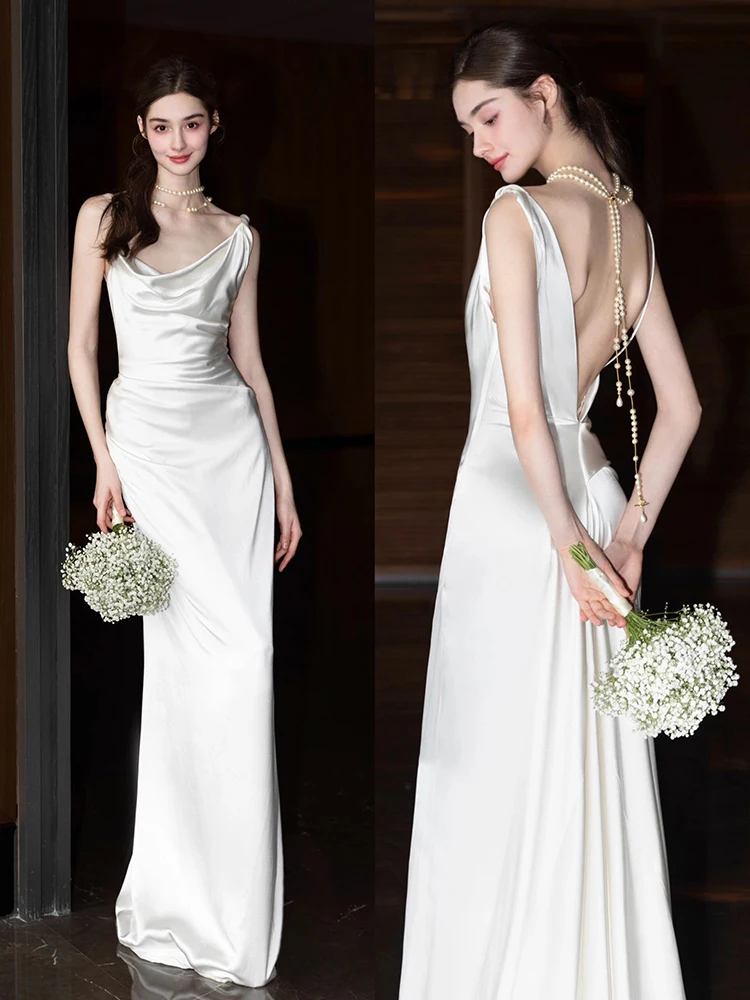 

Атласное свадебное платье без бретелек, белое, простое, в пол, с вуалью, для молодых женщин