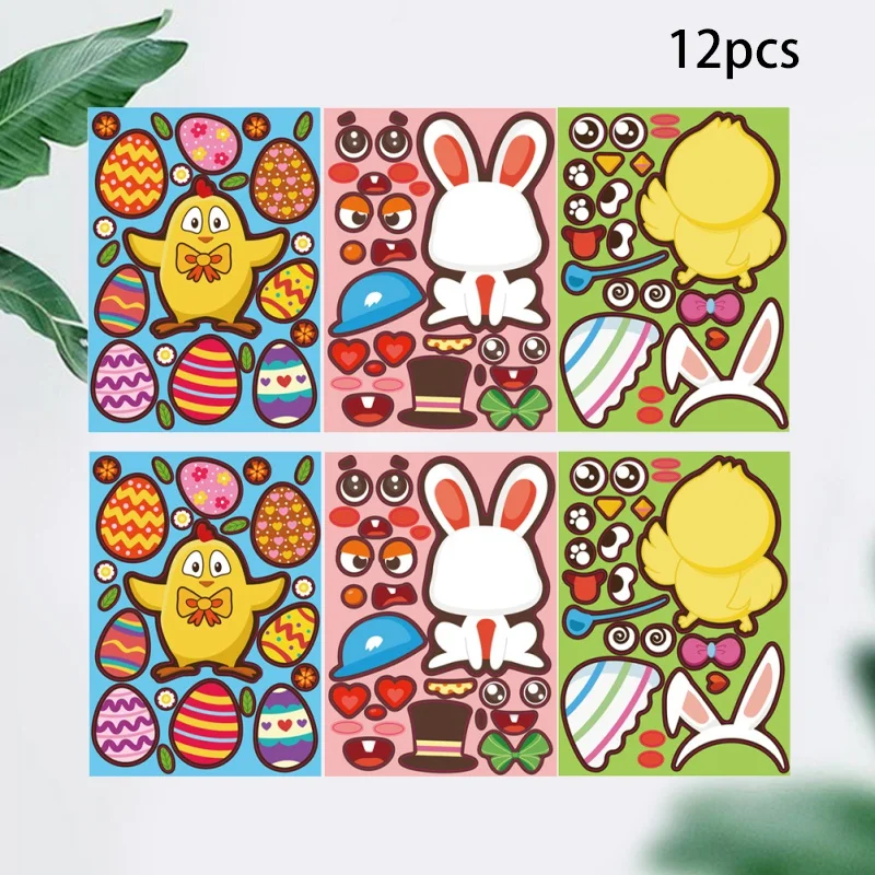 12 Sheets Easter Jigsaw Puzzle Stickers Cartoon Rabbit Chick Easter Egg Window Sticker Toy Easter Window Decals Lovely