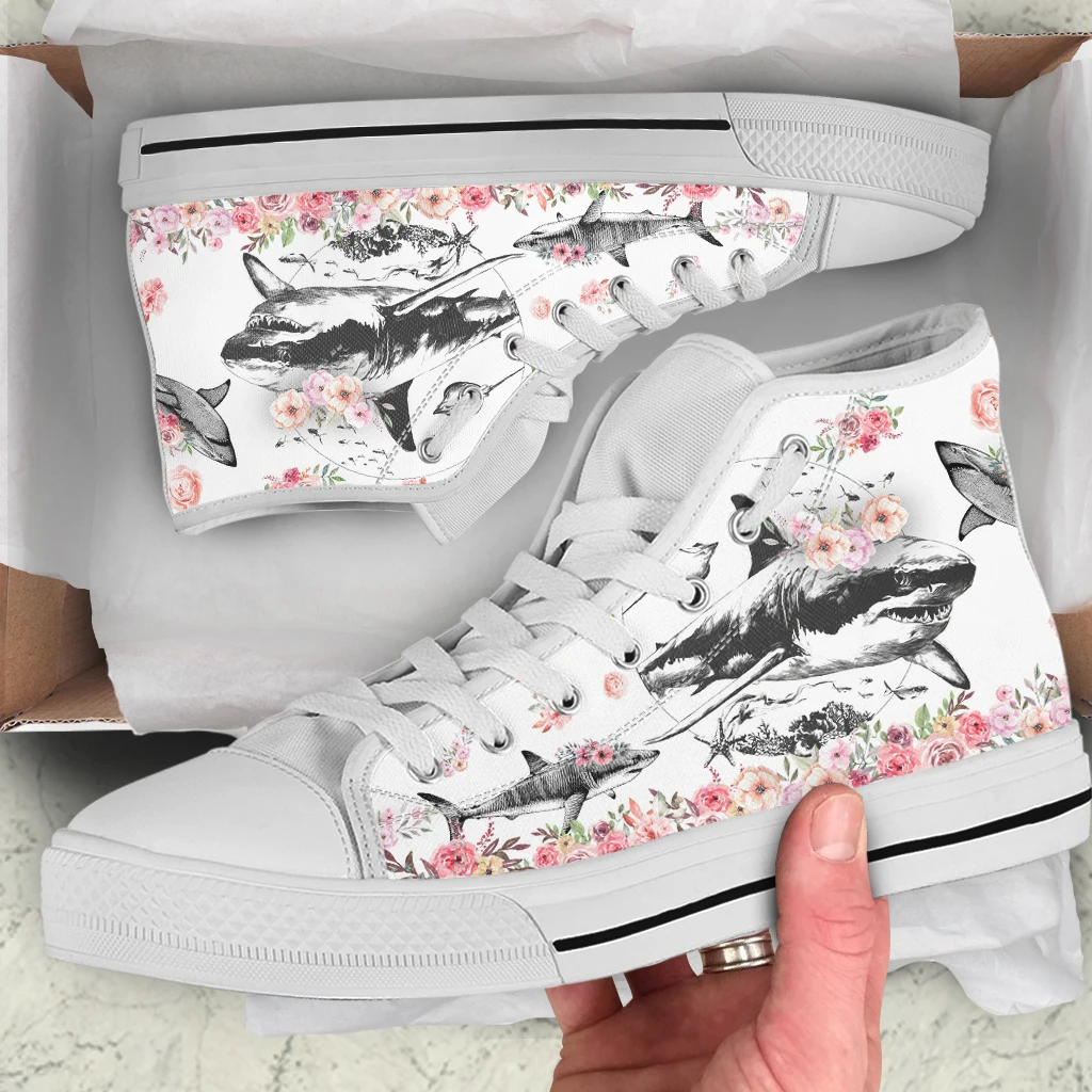 INSTANTARTS Lightweight High Top Canvas Shoes Fashion Shark Floral Design Casual Sneakers for Women Men Comfort Lace-up Flats