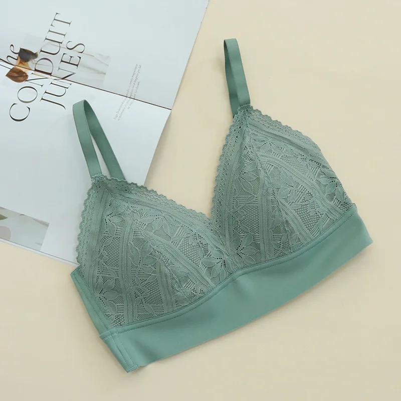 Spring Summer Sexy Lace Bras Women No Steel Ring Ultra-Thin Underwear Push Up Gathered Small Side Breast Anti-Sagging Silk Bra