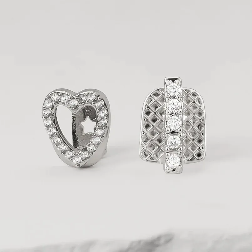 2PCS Set Hip Hop CZ Stone Hollow Heart Teeth Grillz with Elegant Vertical Bar Zircon Tooth Caps for Women And Men Jewelry Gift image 3
