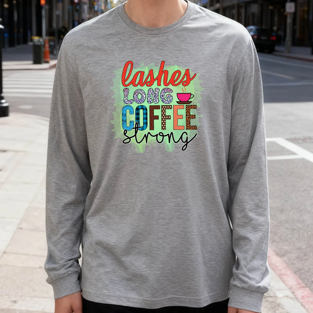 Coffee Strong Men's Long Sleeve T-Shirt 180g 100% Cotton Printed Crew Neck Casual Daily Wear Soft and Breathable