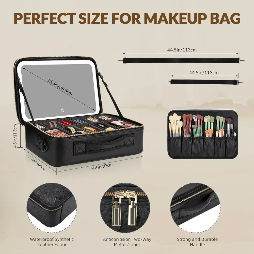 Large Travel Makeup Bag with LED Mirror 14.6