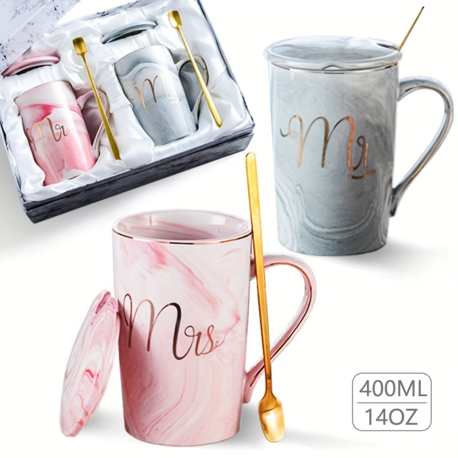 Marble Print Mr & Mrs Coffee Mugs 14oz with Lid - Anniversary & Wedding Gift, Freezer Safe, Reusable Cup Set