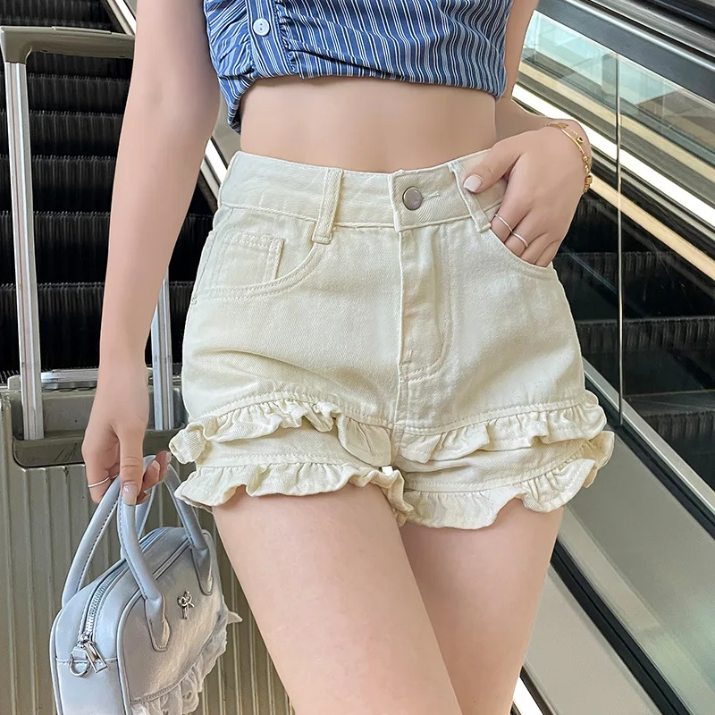 

Fungus Edge A-word Denim Shorts 2026 Summer New High Waist Loose and Thin Versatile