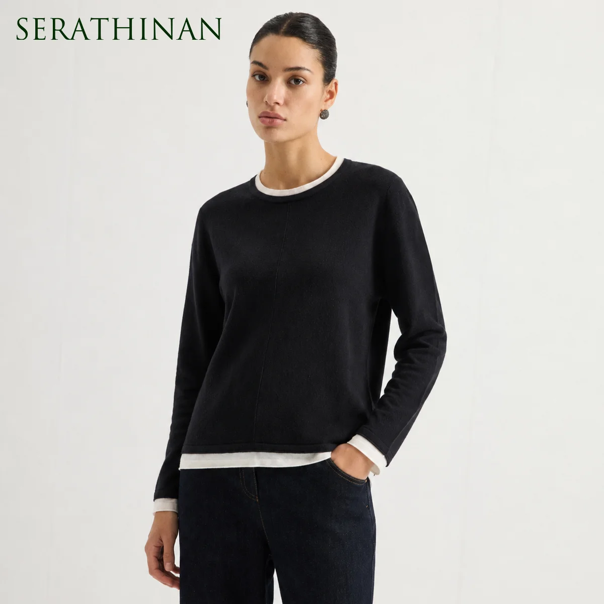 ML62039 Women's Fake Two Piece Crew Neck Long Sleeve Knitted Sweater Contrast Color Trim Casual Pullover Top Autumn Winter