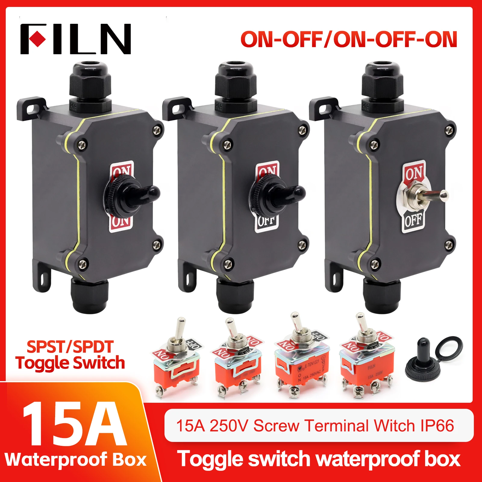 FILN  Toggle Switches 12V 220V IP65 Waterproof Outdoor Lighting Marine Automotive Sealed Box Single Exit Inline Cord Dustp