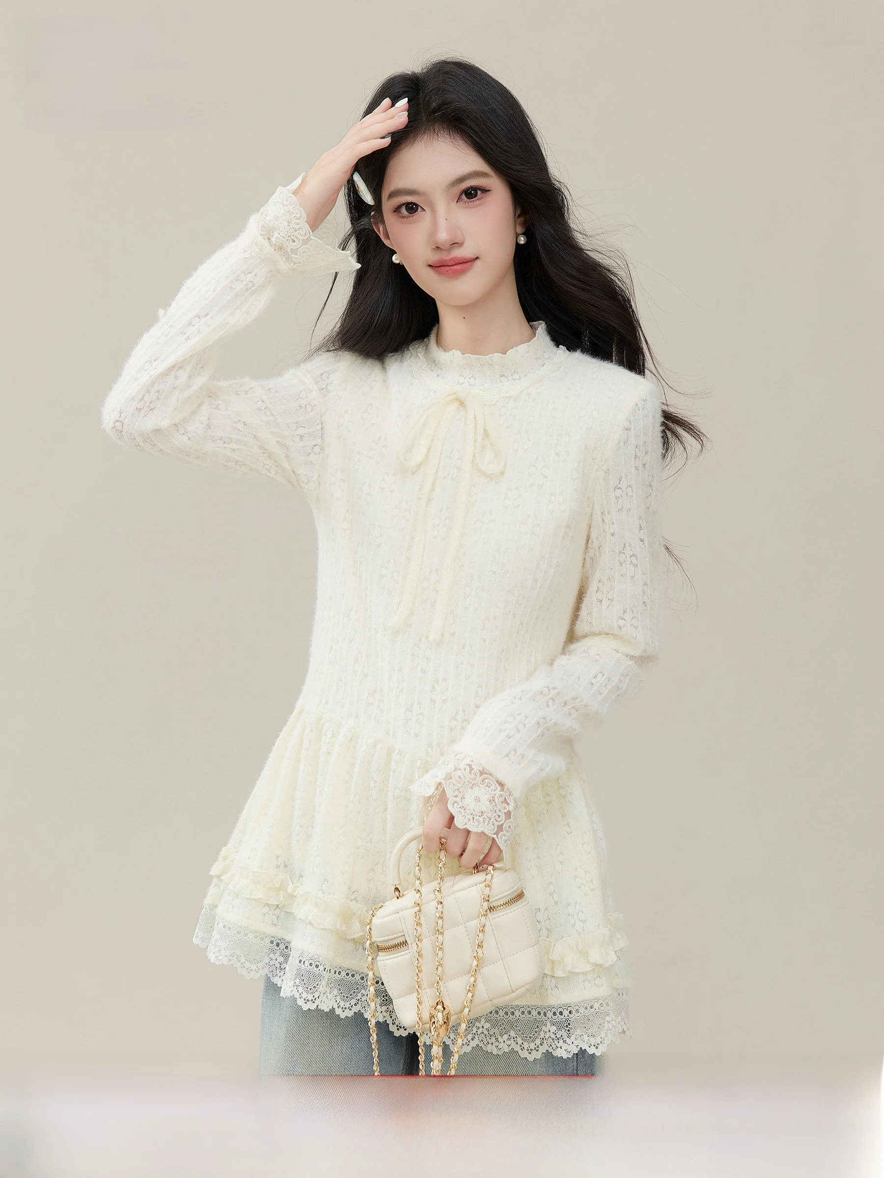 

Женская футболка с длинным рукавом, кружевная, с завышенной талией, базовый слой, топ из легкого шелка Knot Cloud