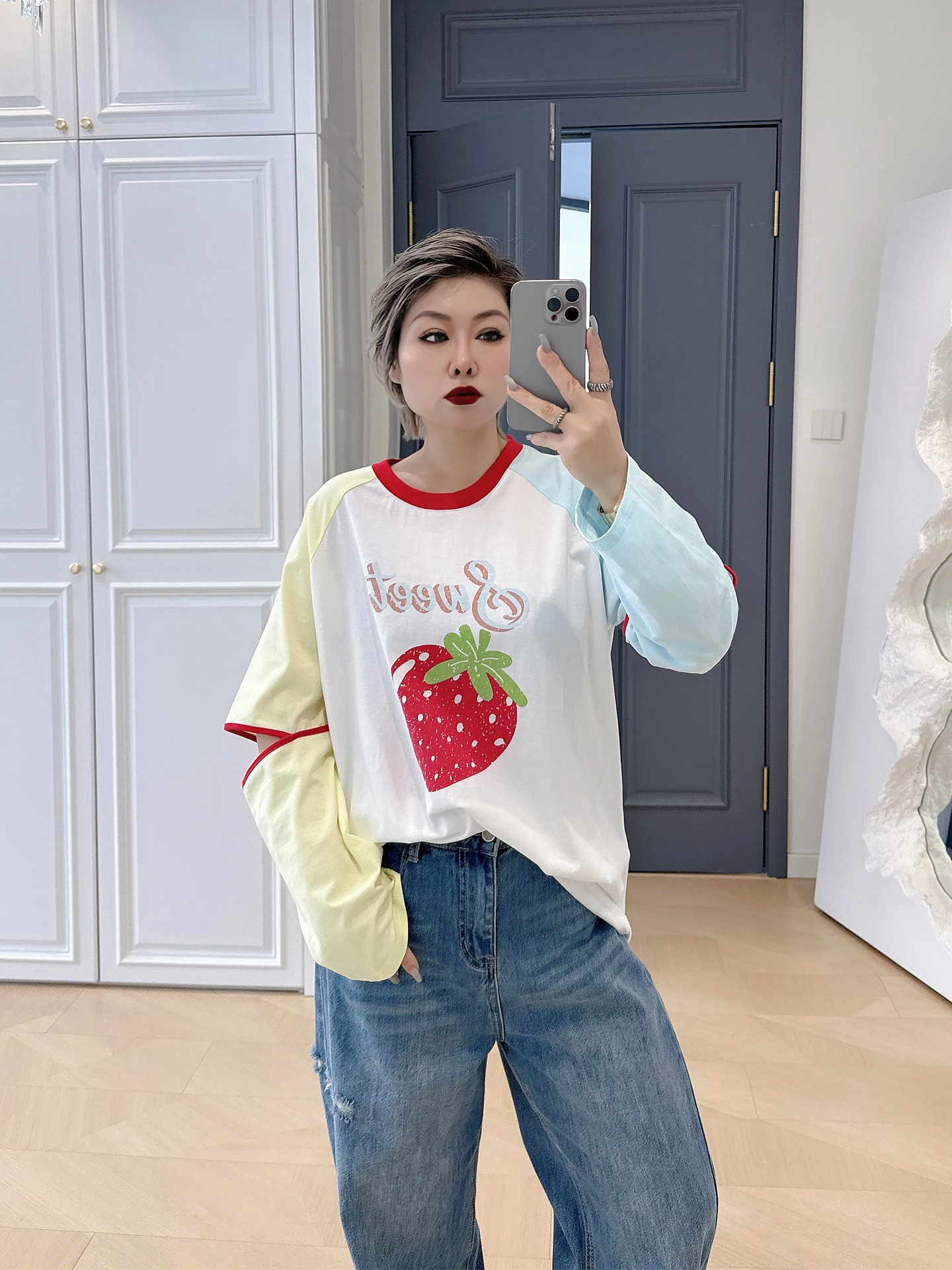 

Retro Sle Loose Long Sve T-irt Color Blo Design plus Size Women's Sweet Slimming Top for Heavy Girls Spring Wear
