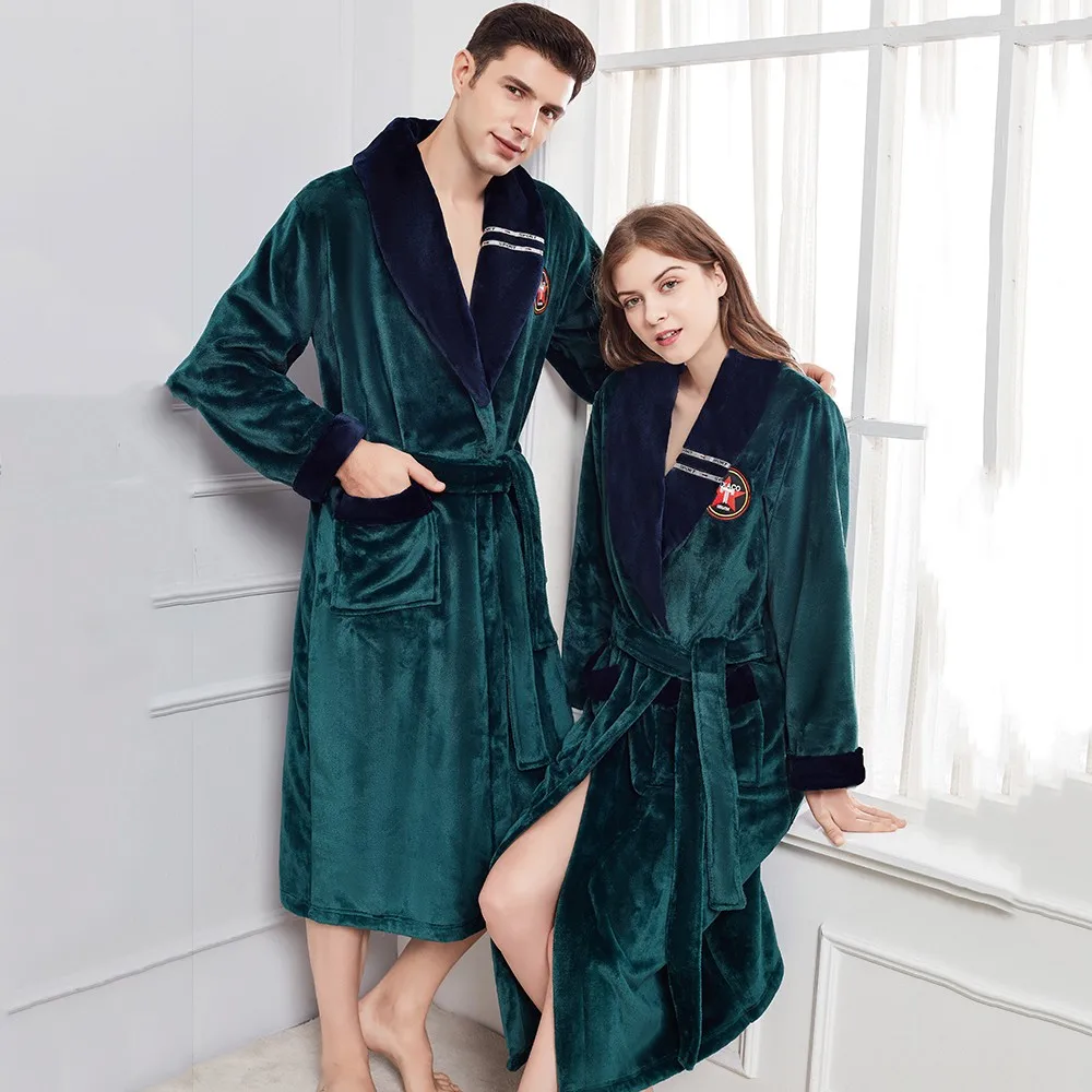 Winter Warm Lovers Kimono Bathrobe Sleepwear Lady Men Lengthen And Thicken Robe Flannel Casual Nightdress Homewear PLUS SIZE 3XL