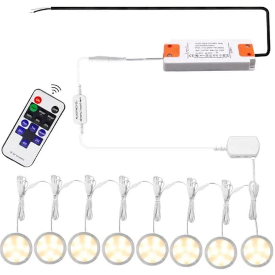 

Linkable Under Cabinet LED Lighting 12V Dimmable Puck Lights Hardwired with Wireless RF Remote Control for Kitchen Mood Lightin