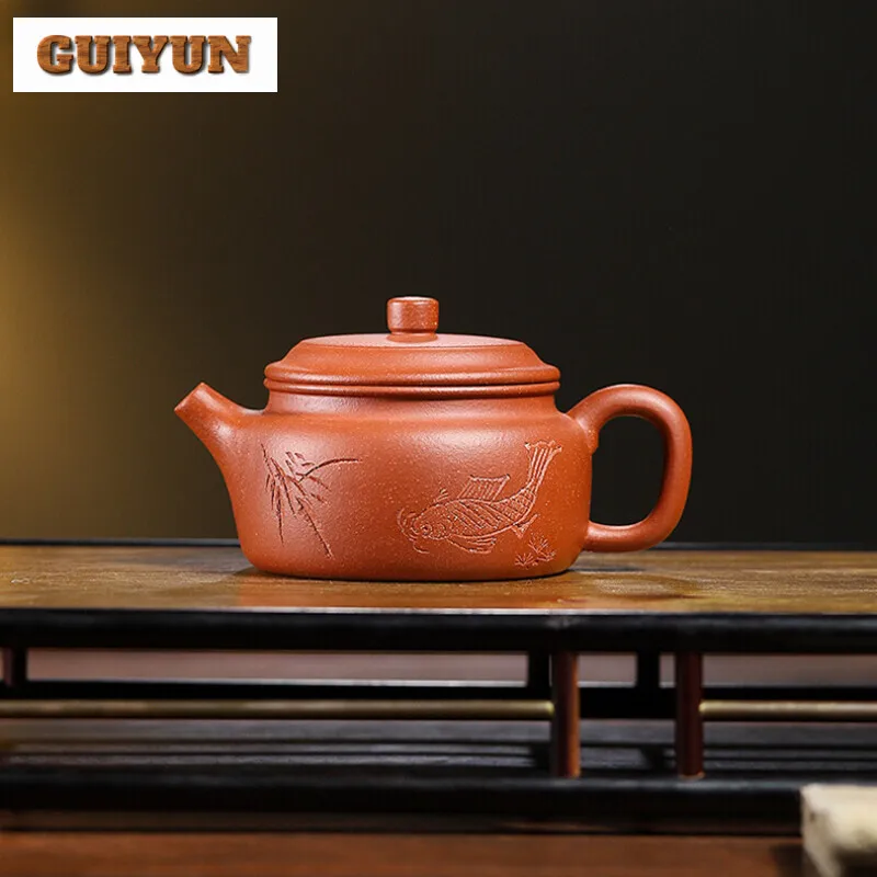 140ml Handmade Yixing Purple Clay Teapot Fish Play Dezhong Tea Pot Raw Ore Downhill Mud Kettle Chinese Handmade Zisha Tea Set